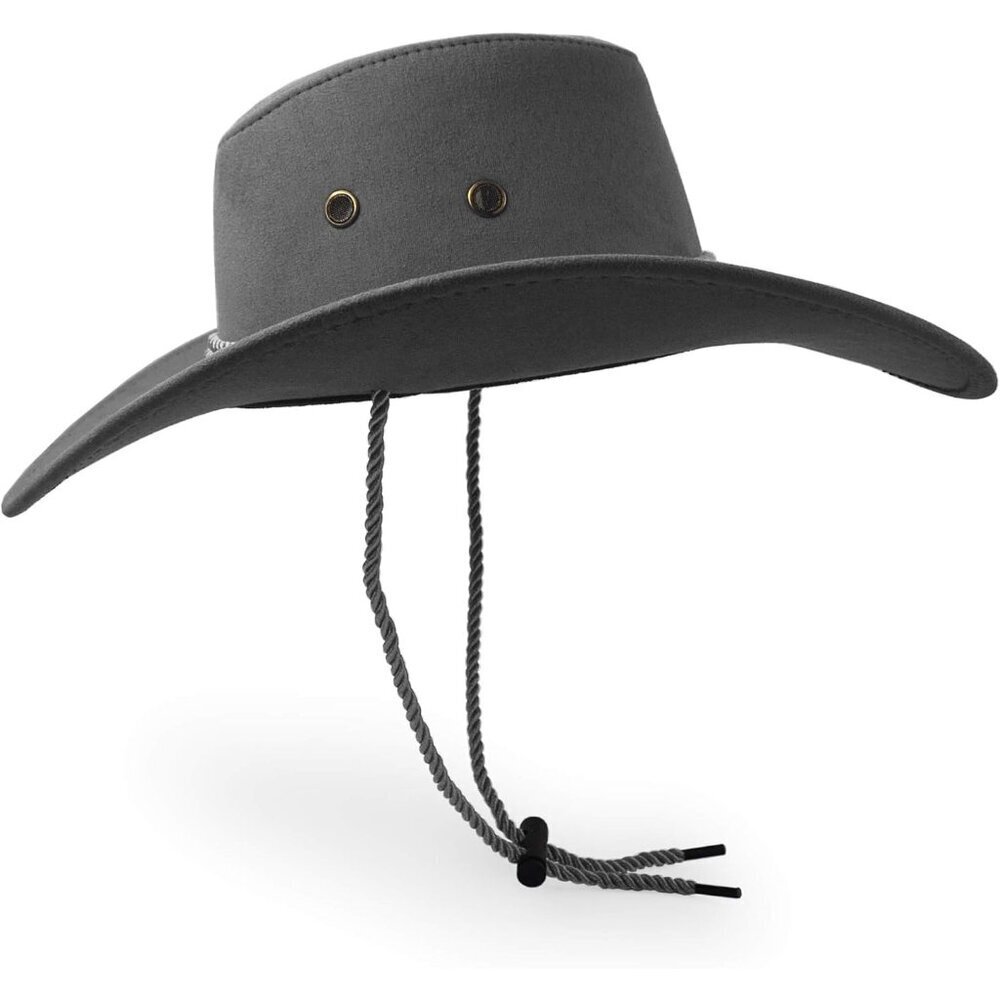 Unisex Grey Faux Wide Brim with Braided Band Chin Strap Classic Cowboy Felt Hat - Picture 4 of 7